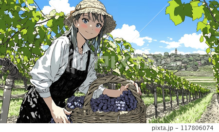 葡萄を収穫している若い女性
