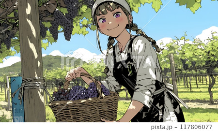 葡萄を収穫している若い女性