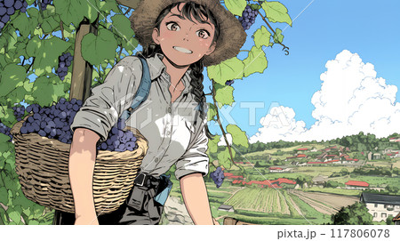 葡萄を収穫している若い女性