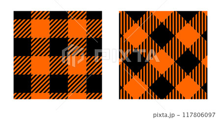 Halloween or Thanksgiving day checkered print. Black and orange gingham texture. Fabric design for autumn picnic plaid, blanket, napkin or tablecloth. Vector flat illustration 117806097