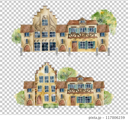 Old European city town street houses urban facades. Historical cityscape building, green trees. Watercolor hand drawn illustration. For tourist shops, souvenirs, travel brochures, architectural bureau Old European city town street houses urban facades. Historical cityscape building, green trees. Watercolor hand drawn illustration. For tourist shops, souvenirs, travel brochures, architectural bureau 117806239