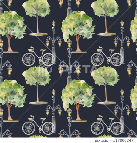 Old European city town street with lamp posts, ornamental lanterns, lined trees green hedge. Watercolor hand drawn seamless pattern. Tourist shops, souvenirs, travel brochures, architectural bureau 117806247