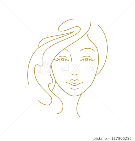 Romantic young woman hair face minimal portrait golden line art icon vector illustration Romantic young woman hair face minimal portrait golden line art icon vector illustration 117806256