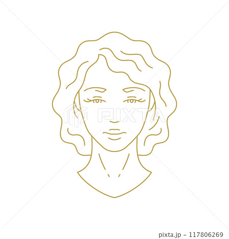 Beautiful woman young model face with curly hairstyle minimal golden line art icon vector 117806269