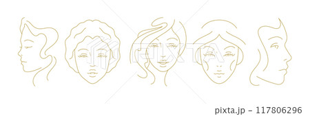 Beautiful young woman face hair silhouette minimal golden line art icon set vector illustration Beautiful young woman face hair silhouette minimal golden line art icon set vector illustration 117806296