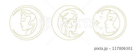 Elegant mythology sacred woman face crescent moon minimal circle line art icon set vector Elegant mythology sacred woman face crescent moon minimal circle line art icon set vector 117806301