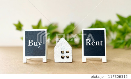 家小物とBuyとRentの看板_植物とオフホワイト色背景 117806513