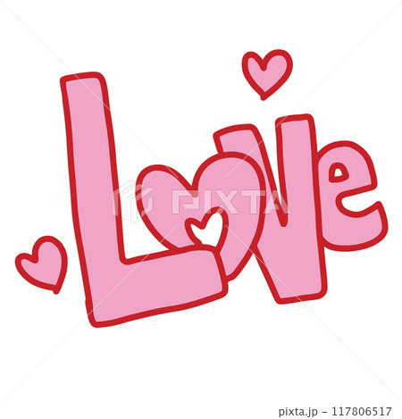 Hand drawn LOVE with heart in crayon colouring style for font, typography, text, decorations, brand logo, icons, social media post, print, card, clip art, sticker, tattoo, girl power, Valentine's Day 117806517
