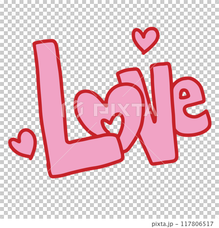Hand drawn LOVE with heart in crayon colouring style for font, typography, text, decorations, brand logo, icons, social media post, print, card, clip art, sticker, tattoo, girl power, Valentine's Day 117806517