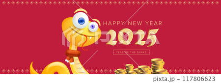 Happy Chinese New Year 2025 wide banner vector design with cute and elegant golden snake and golden coins. Cartoon snake with scarf symbol of 2025 lunar year. New year illustration Happy Chinese New Year 2025 wide banner vector design with cute and elegant golden snake and golden coins. Cartoon snake with scarf symbol of 2025 lunar year. New year illustration 117806623