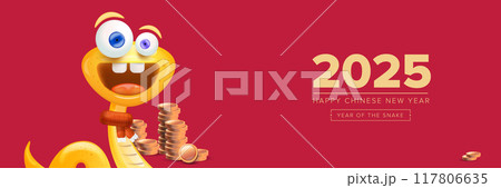 Happy Chinese New Year 2025 wide banner vector design with cute and elegant golden snake and golden coins. Cartoon snake with scarf symbol of 2025 lunar year. New year illustration 117806635