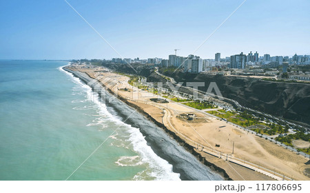 Aerial view of the Great Bay of Lima, cliff and the Costa Verde high way. Aerial view of the Great Bay of Lima, cliff and the Costa Verde high way. 117806695