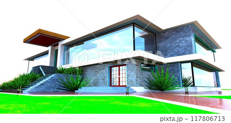 Angled view of the entrance to a cozy private mansion. Stairs leading up to the entrance door. Red brick paving. 3D rendering. Angled view of the entrance to a cozy private mansion. Stairs leading up to the entrance door. Red brick paving. 3D rendering. 117806713