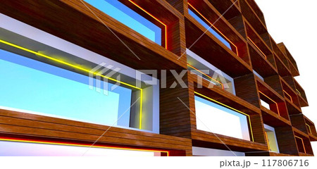 Combined wooden facade of a low-rise residential building with facade lighting elements serving as daytime decor. 3D rendering. Combined wooden facade of a low-rise residential building with facade lighting elements serving as daytime decor. 3D rendering. 117806716