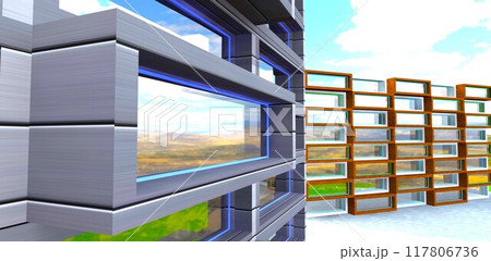 Rapid development of an uninhabited area in Morocco. View from the panoramic windows onto the rugged mountain landscape. 3D rendering. Rapid development of an uninhabited area in Morocco. View from the panoramic windows onto the rugged mountain landscape. 3D rendering. 117806736