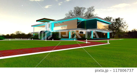 Red brick paved pedestrian walkway with white curbing leading to an elite innovative cottage with facade lighting at night. 3D rendering. Red brick paved pedestrian walkway with white curbing leading to an elite innovative cottage with facade lighting at night. 3D rendering. 117806737