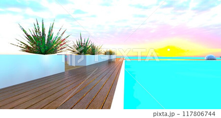 Stunning sunrise over turquoise water. Wooden pier along the pathway. Beautiful romantic setting. 3D rendering. Stunning sunrise over turquoise water. Wooden pier along the pathway. Beautiful romantic setting. 3D rendering. 117806744