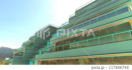 Tiered facade finished with aluminum panels. The building is located in a mountainous area with exterior lighting elements. 3D rendering. 117806748