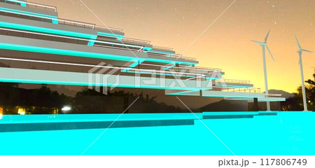 Two powerful wind turbines provide electricity to a remote luxury hotel complex with an exquisite pool in Mumbai. 3D rendering. Two powerful wind turbines provide electricity to a remote luxury hotel complex with an exquisite pool in Mumbai. 3D rendering. 117806749