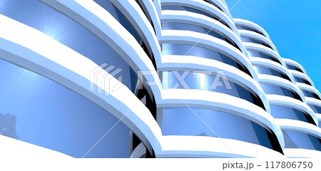 View from below of a cylindrical low-rise office building consisting of four interconnected sections against a clear sky. 3D rendering. 117806750