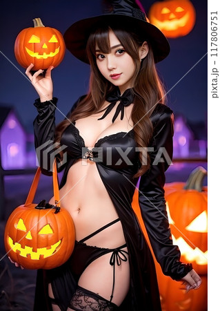 ハロウィンの衣装を着てジャック・オー・ランタンを持った女性 ハロウィンの衣装を着てジャック・オー・ランタンを持った女性 117806751