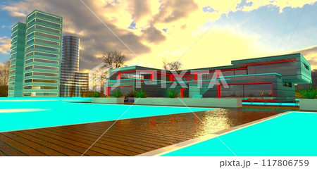 Wooden pedestrian walkway leading to a private luxury estate situated on the water. Bright sunny day. 3D rendering. 117806759