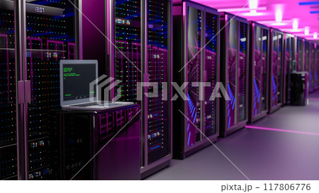 Rackmount LED console in server room data center. Server. Room servers data center. Backup, mining, hosting, mainframe, farm and computer rack with storage information. 3d render Rackmount LED console in server room data center. Server. Room servers data center. Backup, mining, hosting, mainframe, farm and computer rack with storage information. 3d render 117806776