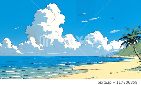 やしの木と海岸と海と青空がきれいな南国のリゾート：コピースペースあり