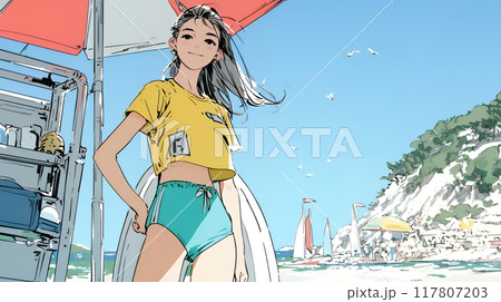 若い女性の海水浴場監視員（ライフガード）