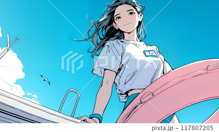 若い女性の海水浴場監視員（ライフガード）
