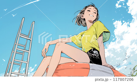 若い女性の海水浴場監視員（ライフガード）