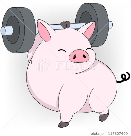 fat pig is working out lifting a barbell with one hand fat pig is working out lifting a barbell with one hand 117807499