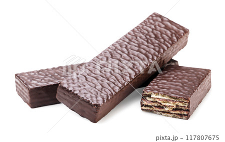 Chocolate covered wafers and half close-up on white. Isolated 117807675