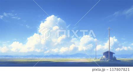 アニメイラスト　夏の青空に入道雲 117807821