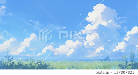 アニメイラスト　夏の青空に入道雲 117807823