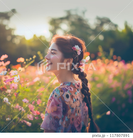 花畑に立つ花柄のワンピースを着たアジア人女性 117807891