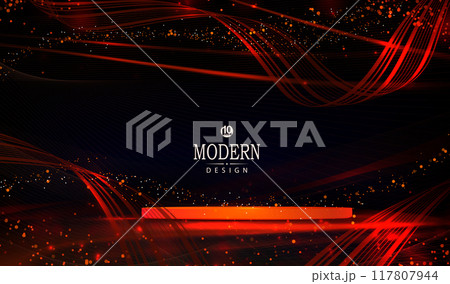 Festive background with a podium and wavy ribbons of red color 117807944