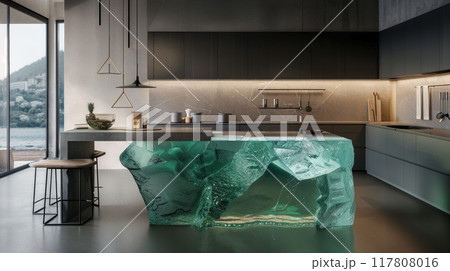 Modern Kitchen with Illuminated Blue Stone Island 117808016