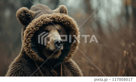 Portrait of a Bear Wearing a Fur-Lined Hat 117808017