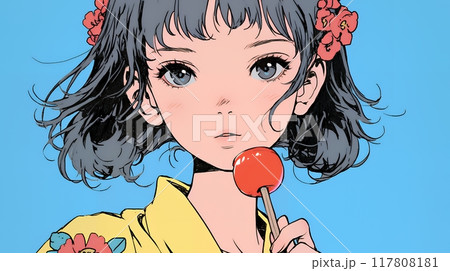 浴衣を着て縁日で買った林檎飴をしゃぶっている少女