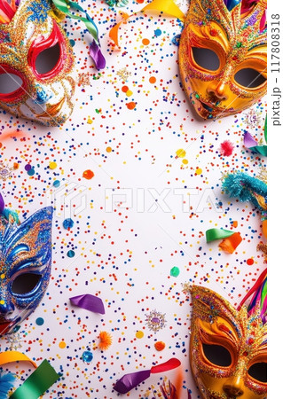 Colorful Carnival Masks and Confetti on White Background Celebrating Festive Event with Vibrant Decorations 117808318