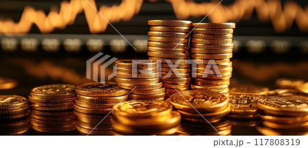 Stacks of Shiny Gold Coins with Financial Graph in Background Representing Wealth and Investment 117808319