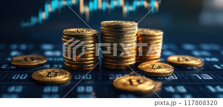 Stacks of Gold Bitcoin Coins on Digital Financial Data Background with Blue Graphs 117808320
