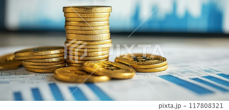 Stacked Gold Coins on Financial Documents with Blue Bar Graphs in Background 117808321