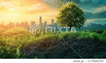 Lone Tree on a Hill with a Modern City Skyline in the Background at Sunset 117808359