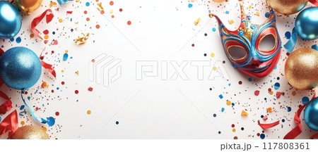 Colorful Festive Background with Carnival Mask, Confetti, and Balloons on White Backdrop 117808361