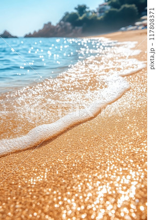 Sparkling Golden Sand Beach with Gentle Waves and Clear Blue Sky on a Sunny Day 117808371
