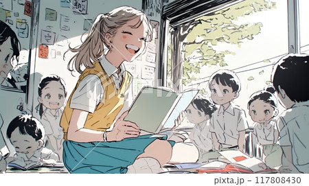 児童と若い女性の先生