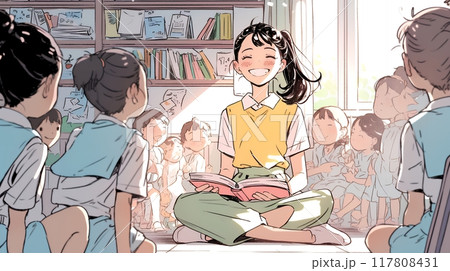 児童と若い女性の先生