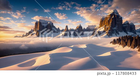 Snow-covered mountain landscape with sky and clouds as background. 117808433